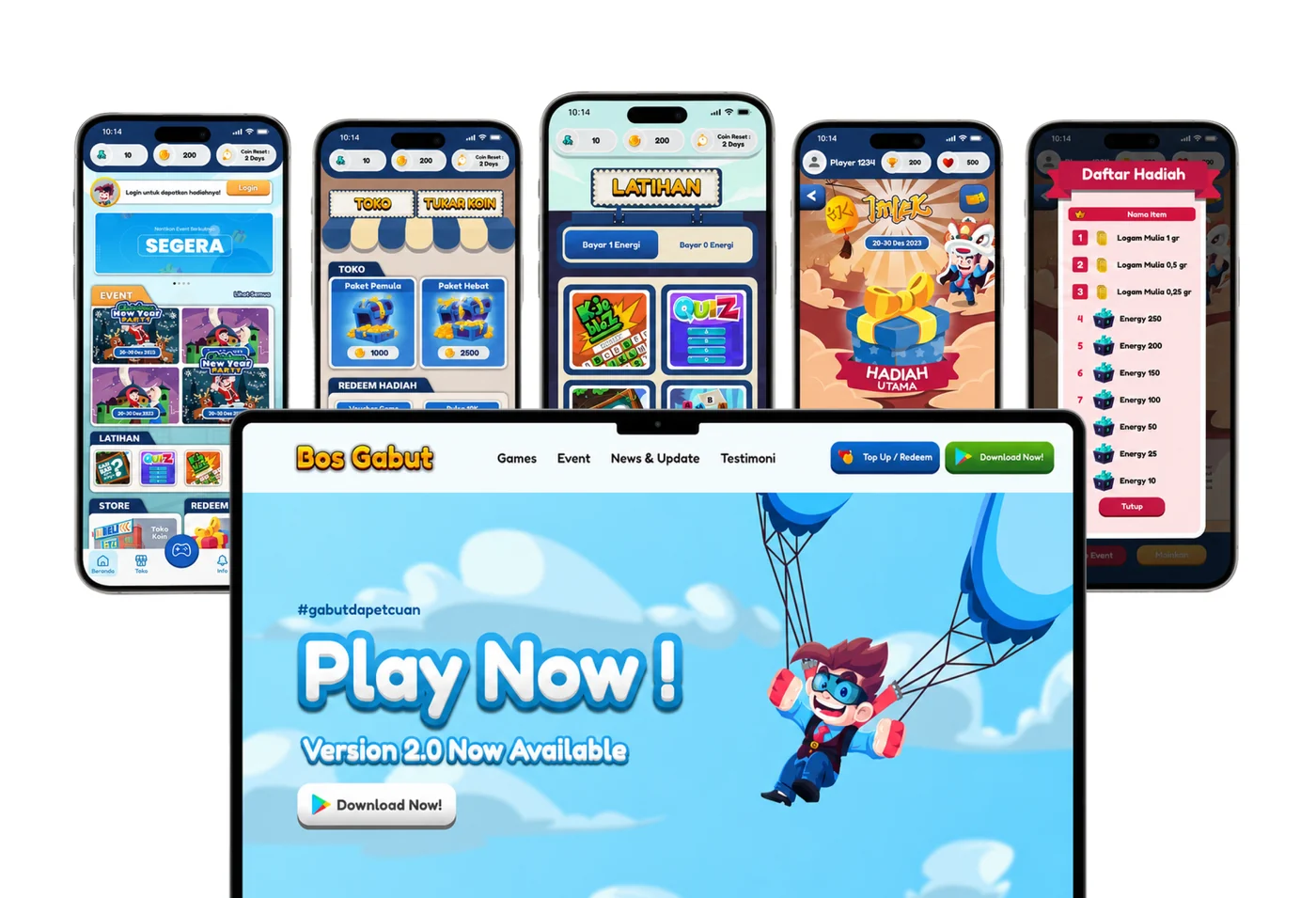 Bos Gabut UI and game screens